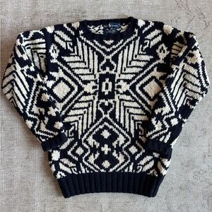 Vintage Ralph Lauren Navy and White Geometric Nordic hand knit sweater M